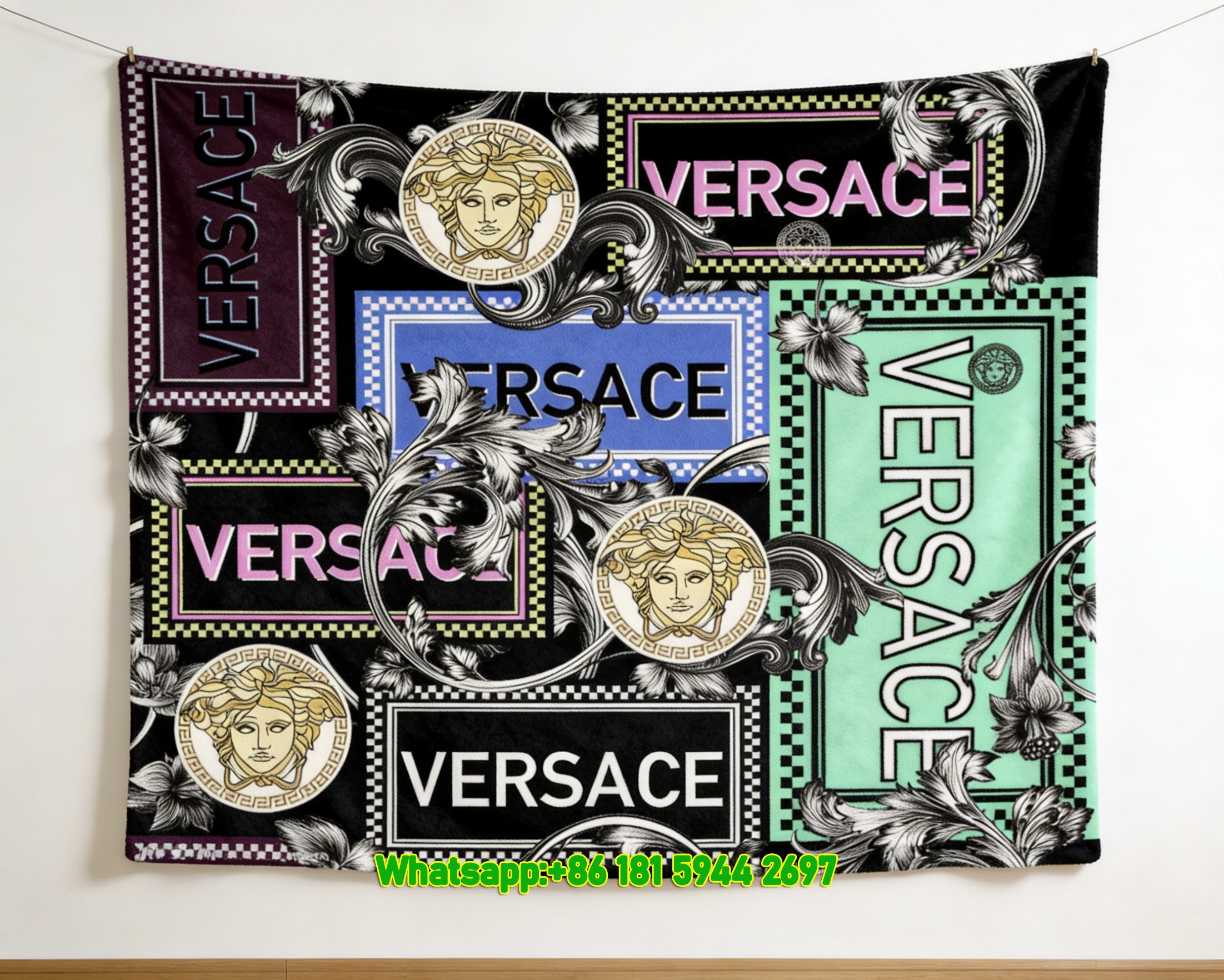Versace Multicolor Medusa Head Baroque Print Flannel Sofa Throw Blanket IMG_1446